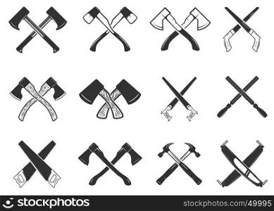 Set of the crossed carpenter tools. Design elements for logo, label, emblem, sign, badge. Vector illustration