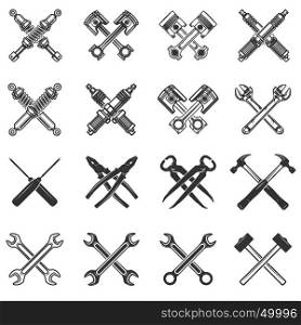 Set of the crossed tools and car parts. Design elements for logo, label, emblem, sign, badge. Vector illustration