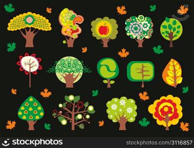 Set of the different stylised trees on a black background