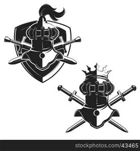 Set of the emblems templates with swords and knights helmets. Design elements for logo, label, emblem, sign, brand mark. Vector illustration.