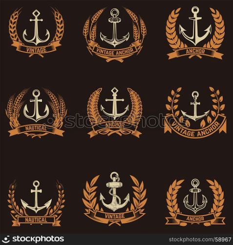 Set of the emblems with anchors and wreaths in golden style. Design elements for logo, label, emblem, sign, badge. Vector illustration