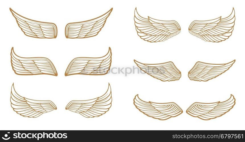 Set of the emblems with wings in gold style isolated on white background. Design element for logo, label, emblem, sign, badge. Vector illustration.