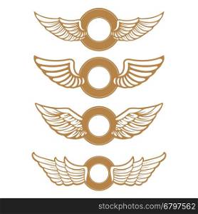 Set of the emblems with wings in gold style isolated on white background. Design element for logo, label, emblem, sign, badge. Vector illustration.