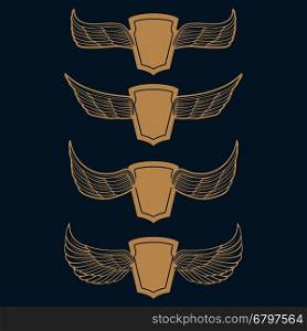 Set of the emblems with wings in gold style on blue background. Design element for logo, label, emblem, sign, badge. Vector illustration.