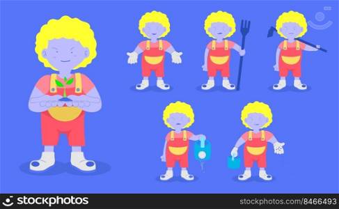 set of the farmer man standing for plant and fill fertilizer and watering a tree and holding the agriculturist equipment. character design. vector illustration eps10