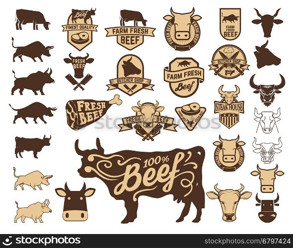 Set of the fresh beef logo. Cow icons. Butchery labels. Design elements for logo, label, emblem, sign.