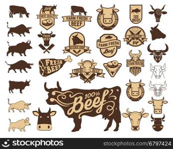 Set of the fresh beef logo. Cow icons. Butchery labels. Design elements for logo, label, emblem, sign.