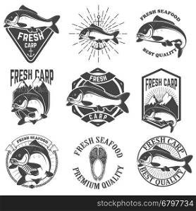 Set of the fresh carp labels, emblems and design elements. Carp fishing. Design element for logo, label, emblem, sign. Vector illustration.