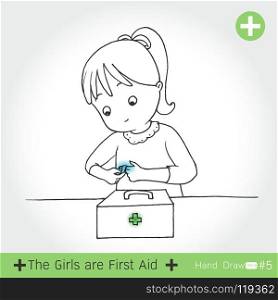 set of the girl First aid for cutting of knife ,on white background Vector illustration