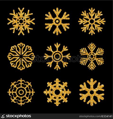 Set of the gold sparkling snowflakes on a black background. Vector illustration