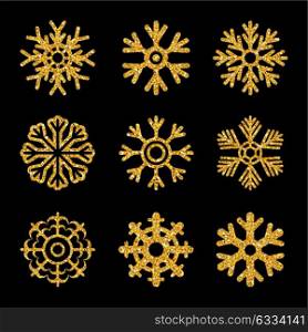 Set of the gold sparkling snowflakes on a black background. Vector illustration