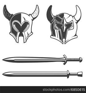 Set of the horned helmets and swords isolated on white background. Design element for logo, label, emblem, sign, brand mark. Vector illustration.