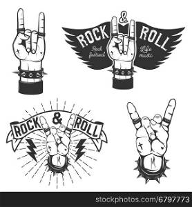 Set of the human hands with Rock and roll symbol. Rock and roll festival. Design elements for poster, emblem. Vector illustration.