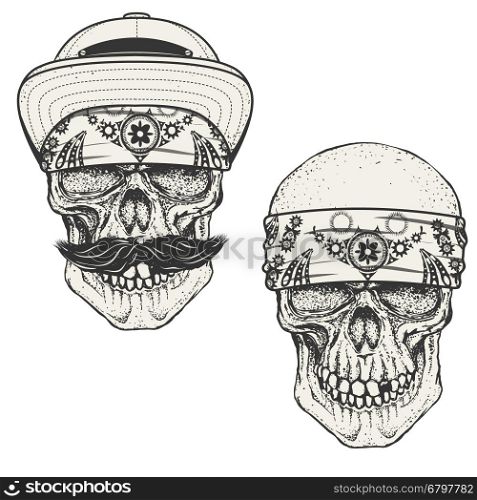 Set of the human skulls in bandana and cap. Gangster skull. Design elements for emblem, poster, t-shirt or apparel print. Vector illustration.
