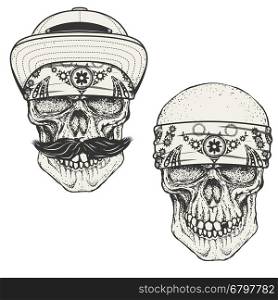 Set of the human skulls in bandana and cap. Gangster skull. Design elements for emblem, poster, t-shirt or apparel print. Vector illustration.