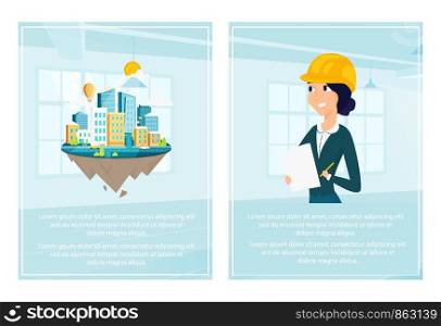 Set of the layout of the city and the architect. Banner vector illustration of working cartoon characters on the background of the window. The concept of construction, architecture, design