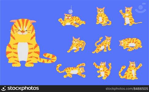 set of the lovely yellow and oran≥striped cat flop and playing activity on pastel blue color background. vector illustration eps10