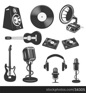Set of the music instruments. Microphones, speakers, guitars, Dj equipment. Elements for logo, label, emblem, sign, badge. Design elements in vector.