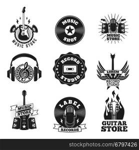 Set of the music shop labels. Design elements for logo, label, emblem, sign.
