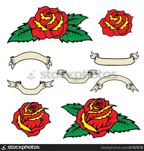 Set of the old school style roses with leaves isolated on white background. Vintage style ribbons. Design elements in vector.