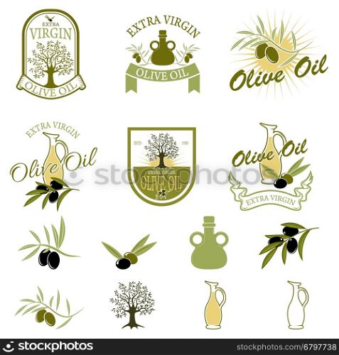 Set of the olive oil labels and badges isolated on white background. Design element for label, emblem, brand mark, sign. Vector illustration.