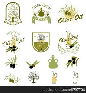 Set of the olive oil labels and badges isolated on white background. Design element for label, emblem, brand mark, sign. Vector illustration.
