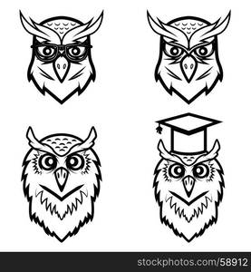 Set of the owl heads isolated on white background. Vector illustration