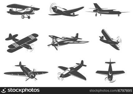 Set of the planes icons isolated on white background. Vector planes. Design elements for logo, label, emblem, sign, brand mark. Vector illustration.