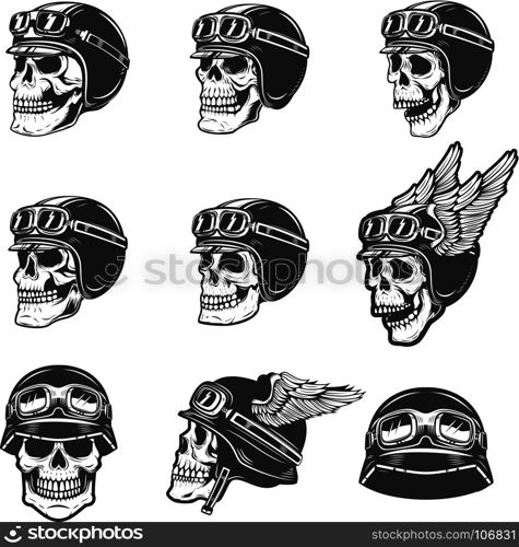 Set of the racer skulls isolated on white background. Skull in biker helmet. Design element for poster, emblem, t shirt. Vector illustration