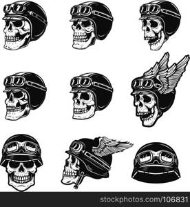 Set of the racer skulls isolated on white background. Skull in biker helmet. Design element for poster, emblem, t shirt. Vector illustration