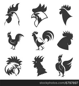 Set of the roosters icons. Chicken heads. Design elements for logo, label, emblem, sign, brand mark. Vector illustration.