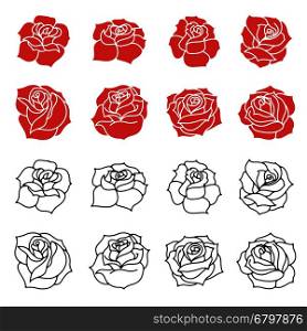 Set of the roses flowers silhouettes isolated on white background. Design elements in vector.