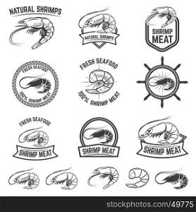 Set of the shrimps meat labels isolated on white background. Design element for logo, label, badge, sign. Vector illustration.