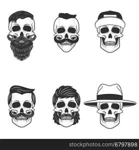 Set of the skulls with hairstyle and hats. Design elements for emblem, sign, poster, t-shirt print. Vector illustration.