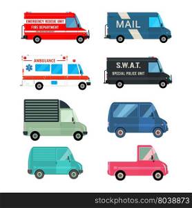 Set of the various car icons. Fire, ambulance, police, mail bus, different cargo, delivery truck. Vector illustration.