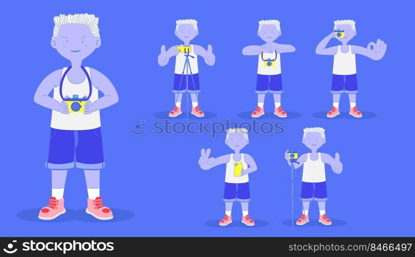 set of the various photographer man standing for holding the camera and sedn sign to start take a photo and composition and hold the phone. character design. vector illustration eps10