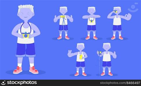 set of the various photographer man standing for holding the camera and sedn sign to start take a photo and composition and hold the phone. character design. vector illustration eps10