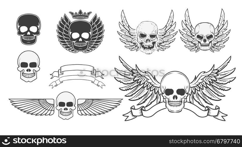 Set of the winged skulls. Design element for t-shirt print, poster, sticker. Vector illustration.