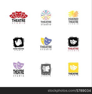 Set Of Theatre Studio Logo Design With Hand And Mask