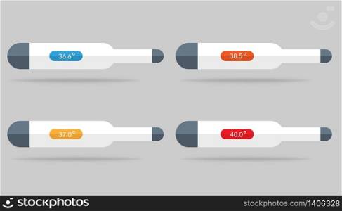 Set of thermometer icons with temperature level on it. 36.6, 37.0, 38.5 and 40 degrees with colors. Isolated medical thermometer with celsius or fahrenheit. Control of health with indicator in flat. Vector EPS 10