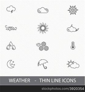 Set of Thin Line Weather Icons. Vector Illustration. Sun, cloud, rain, wind, umbrella, star icons for web and mobile design