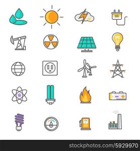 Set of thin lines icons energy and resource icon set power and energy production, electric industry, natural energy sources. Flat thin line icons modern design style