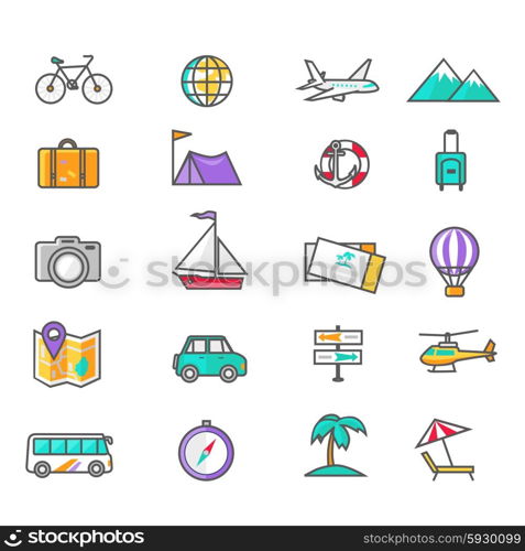Set of thin lines icons of traveling, planning a summer vacation, tourism and journey objects and passenger luggage in flat design. Different types of travel. Business travel concept