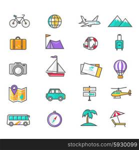 Set of thin lines icons of traveling, planning a summer vacation, tourism and journey objects and passenger luggage in flat design. Different types of travel. Business travel concept