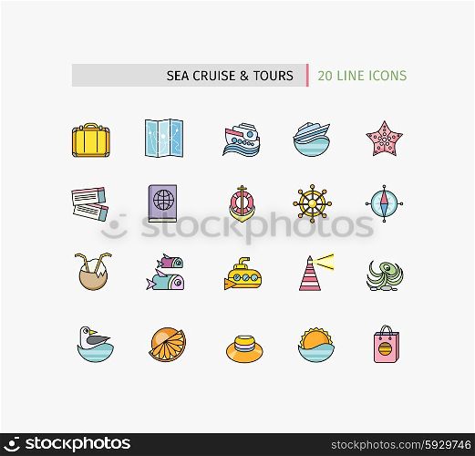 Set of thin lines icons sea cruise. Traveling, journey, water travel to resort summer vacation, tour planning, recreational rest, holiday trip for leisure activity. Web site construction, mobile app