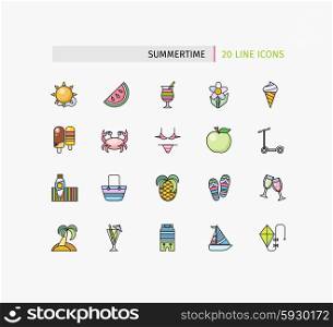 Set of thin lines icons summertime. Traveling journey, water travel to resort summer vacation, relaxing on beach, recreational rest, holiday trip for leisure activity. Flat thin line icon modern style