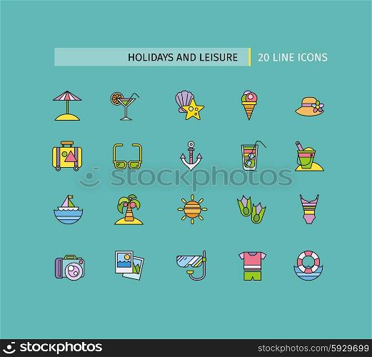 Set of thin lines icons. Traveling, journey, water travel to resort summer vacation, tour planning, recreational rest, holiday trip for leisure activity. Flat thin line icons modern design style
