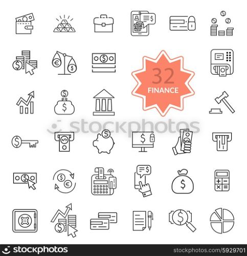 Set of thin, lines, outline financial service items icons, banking accounting tools, stock market global trading and money objects and elements. Flat thin line icons modern design style