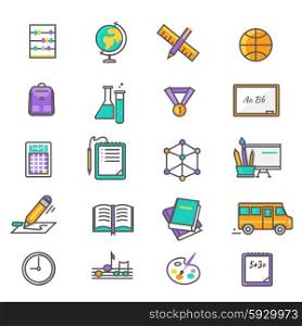 Set of thin lines, outline icons education back to school. Items for study ruler, pencil, bus, backpack, computer, flasks, globe on white background. For web and mobile applications