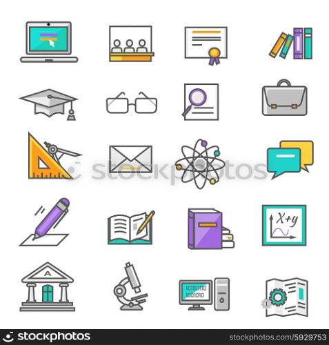 Set of thin lines, outline icons education. Items for study ruler, pencil, microscope, backpack, computer, books, glasses on white background. For web and mobile applications
